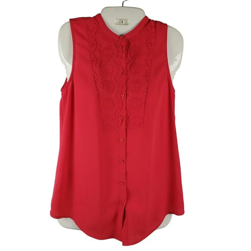 Maeve Anthropologie Red Button Front Sleeveless Blouse 2 XS Panel Neck Office